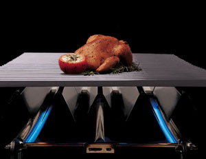 Colocación de pollo entero para Cocinar con calor indirecto con gas