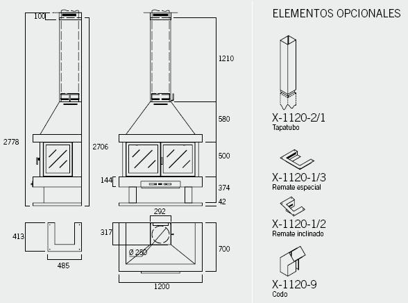 Esquema y medidas de la Chimenea Rocal Barbara 120 Frontal